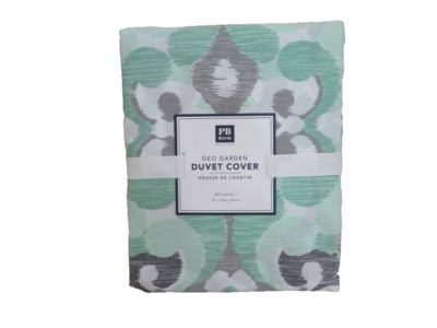 POTTERY BARN DORM GEO GARDEN MINT GREEN GRAY DUVET COVER FULL / QUEEN SIZE NEW