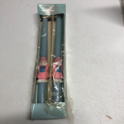 Vintage Easter 10  Blue Taper Candles Set Of 2 Candles Holder Pink Cloth Bunny