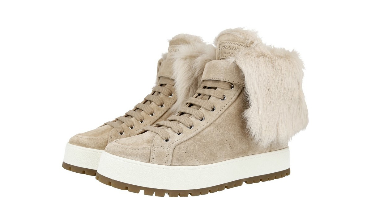 PRADA SHEARLING FUR Booties Ankle Boots Sneakers Beige - US 10.5