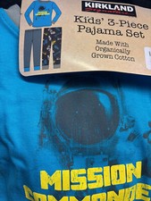 Kirkland Boys 3 Piece Organic Cotton Pajama PJ Set BLUE/GRAY 3T NWT