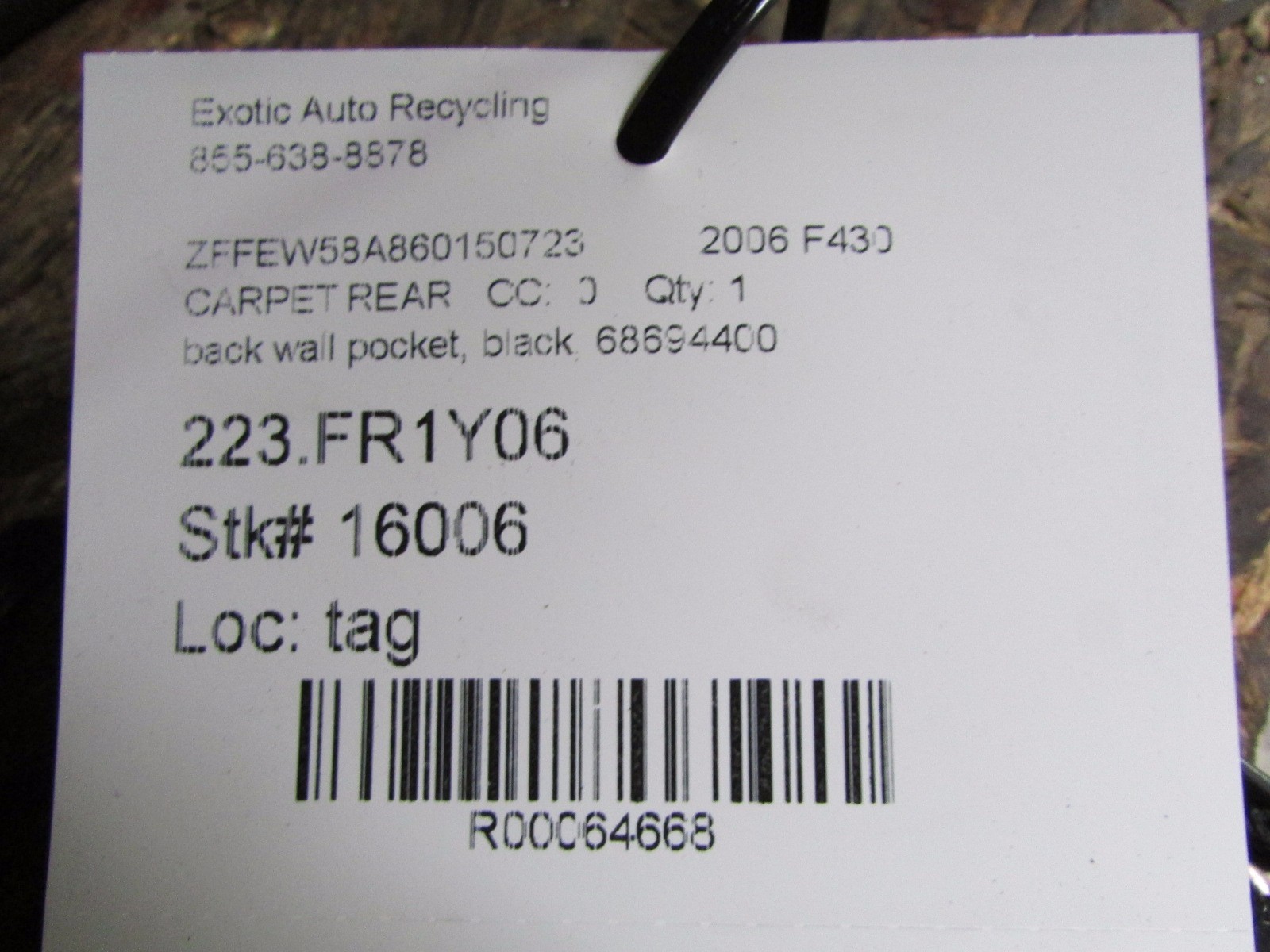 Ferrari F430 Coupe, Spider, Rear Wall Pocket , Black, Used, P/N 68694400