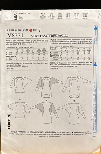 Very Easy Vogue Patterns V8771 Size XS-M Top Sewing Patterns - Picture 2 of 2