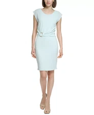 Calvin Klein Womens Size 8 Cap-Sleeve Belted Jersey Dress in Green $134 FLAW