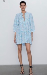 Zara white blue floral print poplin dress mini bloggers favorite tiered XS S M L | eBay
