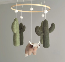 Ready to ship- Handmade Beige Highland Cow with Tall Cactuses Nursery Mobile