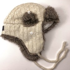 Screamer Ivory Knit Winter Trapper Hat Faux Gray Fur Quilted INterior