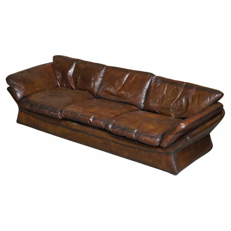 SUPER RARE LOW MID CENTURY MODERN DESIGNER FULLY RESTORED BROWN LEATHER SOFA