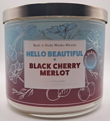 Bath & Body Works Hello Beautiful/Black Cherry Merlot 3 Wick Candle NEW