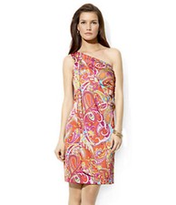 Lauren Ralph Lauren Flamingo Orange Paisley One Shoulder Stretch Sateen Dress 14