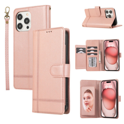 For iPhone 17 Pro Max 16 14 13 11 7 Magnetic Flip Stand Card Wallet Case W/ Strp
