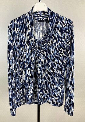 ELIE TAHARI Damen M 38 Stretch Jersey Shirt blau weiß schwarz langarm Bluse 9F3