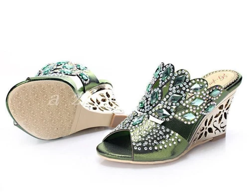 New Womens Open Toe Rhinestone High Wedge Heel Slippers Party Dress Sandal Shoes - Picture 11 of 15