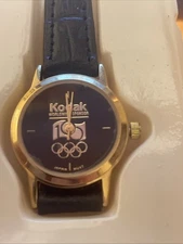 Ladies Kodak Olympics Worldwide Sponsor Gold Tone Black Leather Band Watch  NOS