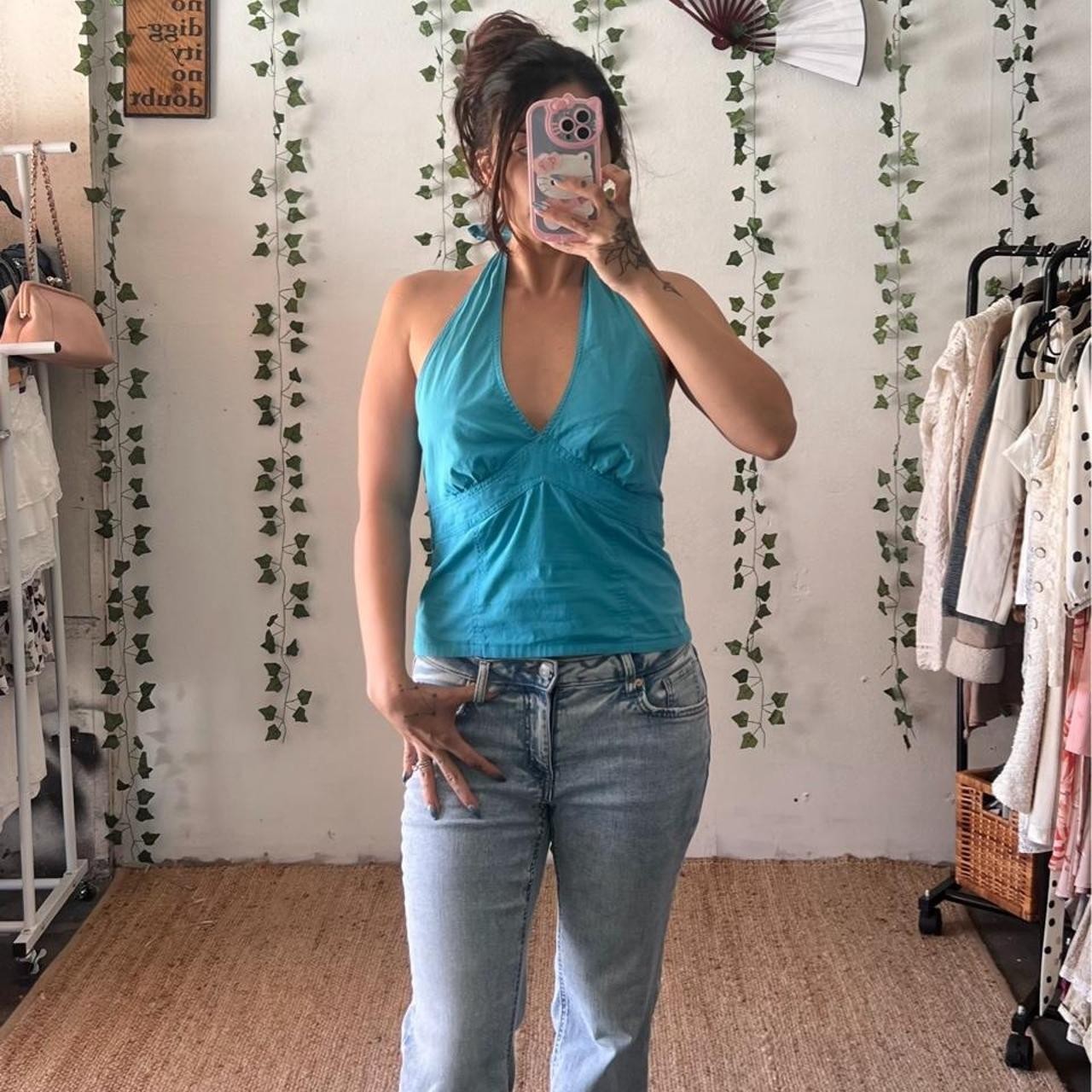 Y2K Rampage turquoise halter top with plunging neckline size 6