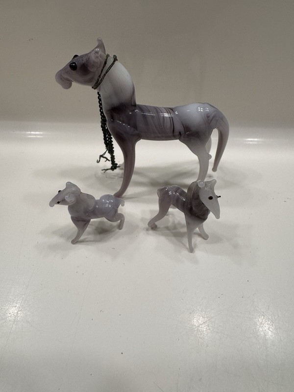 Vintage Hand Blown Purple Marble Design Glass Mother Horse And 2 Foals