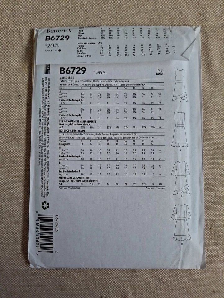 BUTTERICK B6729 E5 MISS WOMENS DRESS WITH MIDRIFF BAND Size 14 16 18 20 22 - image 2 of 3