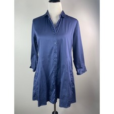 Nic+Zoe Womens Navy Blue Sateen Button Down A-Line Shirt Dress Size M Pocket