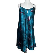 Vintage Teal Blue Floral Satin Slip Dress Nightgown Purple Flowers Large