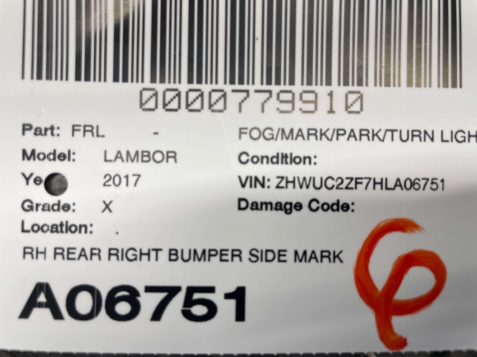 Lamborghini Huracan Rear Right Side marker light