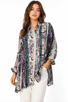 Chico's Tunic Size Extra Large Button Down Purple Paisley Whimsygoth Artsy Boho