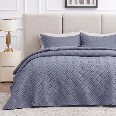 King Size Quilt Bedding Set Bluish Grey Bedspreads - Bed Summer Lightweight B...