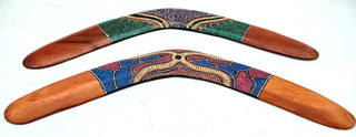 2X WOODEN BOOMERANGS Flatback Hand Painted Aboriginal Style 39.5cm Wide