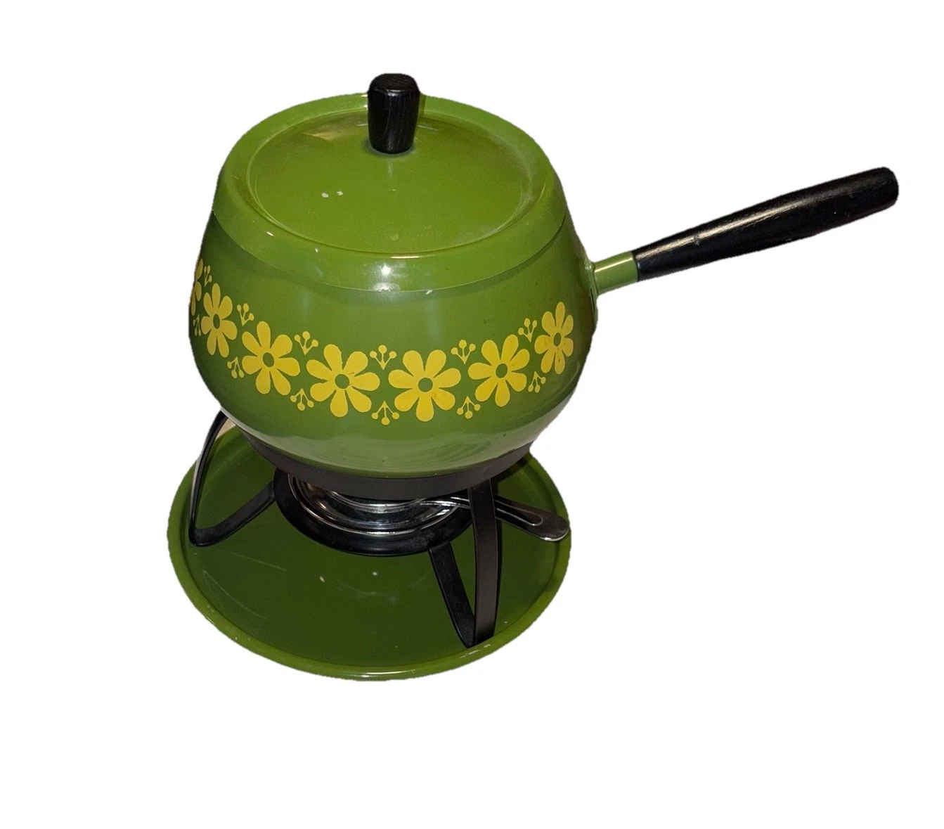 Vintage/Retro Fondue Set Avocado Green with Yellow Floral Pattern