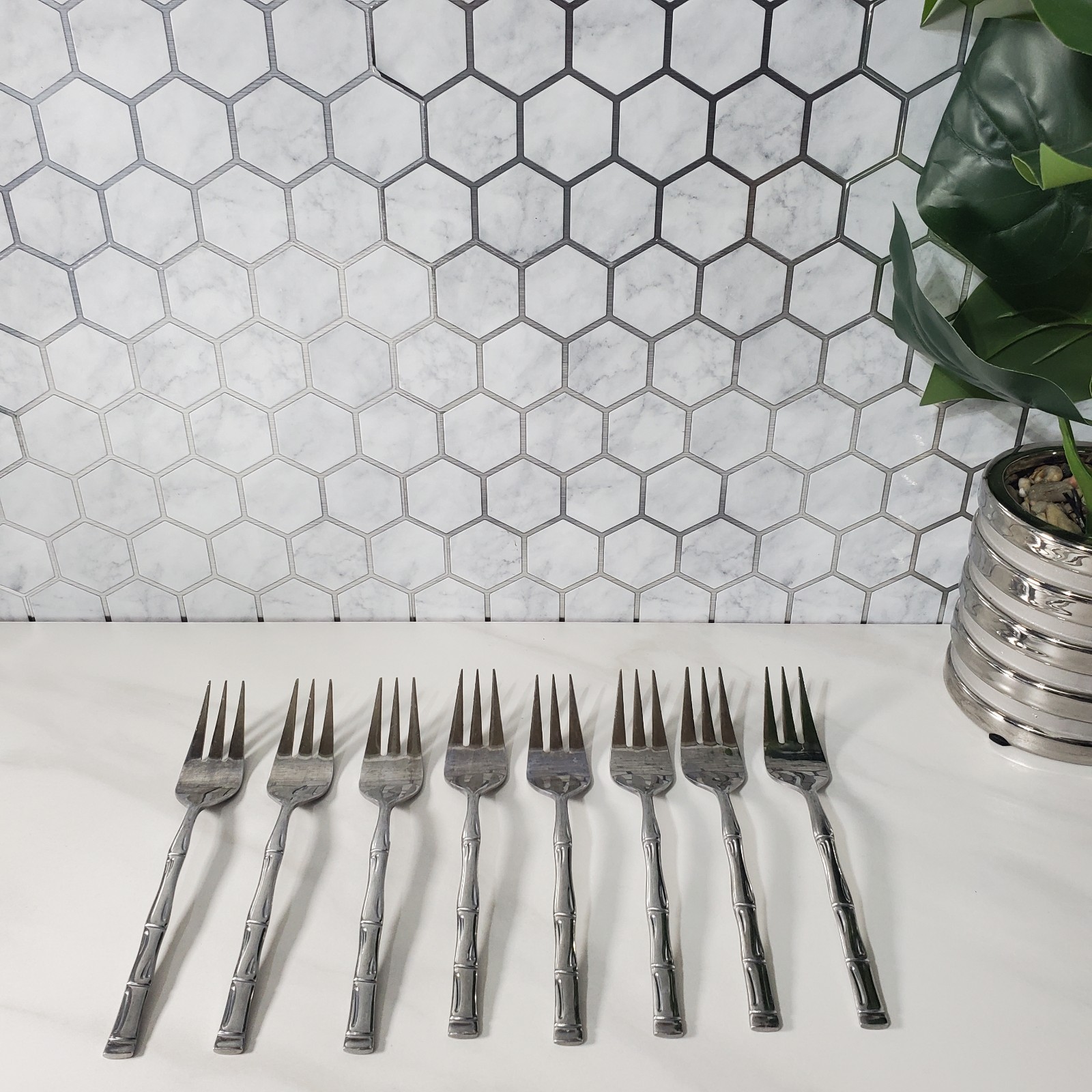 Bamboo Style Korea Stainless Three Prong Salad Fork Set of 8