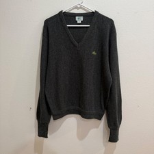 Vintage Izod Lacoste Mens V-Neck Sweater Gray Orlon Acrylic Made in USA Large