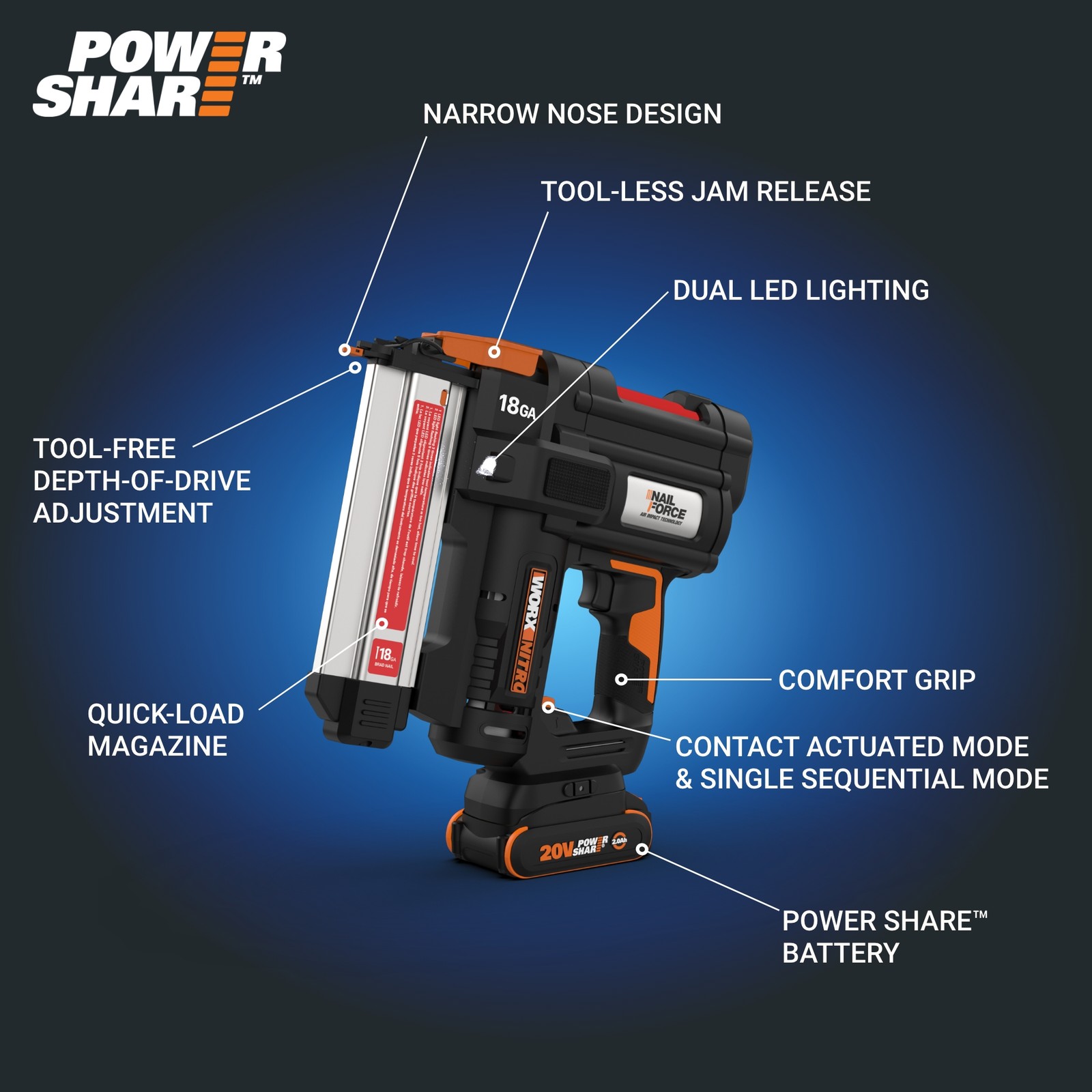 WX842L Worx 20V Cordless 18GA Brad Nail Gun