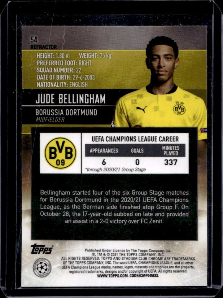 2020 Topps Stadium Club Chrome UEFA Jude Bellingham RC Refractor #54 Dortmund view 2