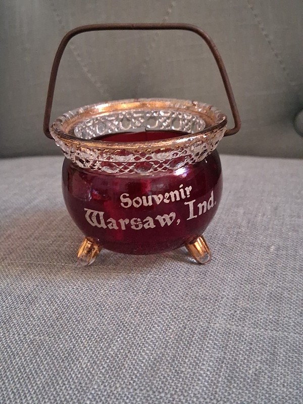 Antique Ruby Red Flash Souvenir Glass Warsaw Indiana Candy Dish