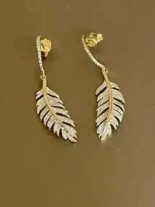 Authentic Feather Feather Drop Earring 2Ct Round Simulated Diamond 14k Yellow Gold Plated