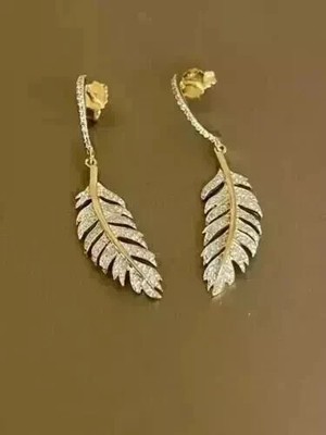 Feather Feather Drop Earring 2Ct Round Simulated Diamond 14k Yellow Gold Plated