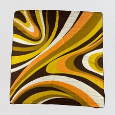 Vintage 70s Psychedelic Swirl Silk Scarf Brown Orange Yellow Retro Mod 31x30