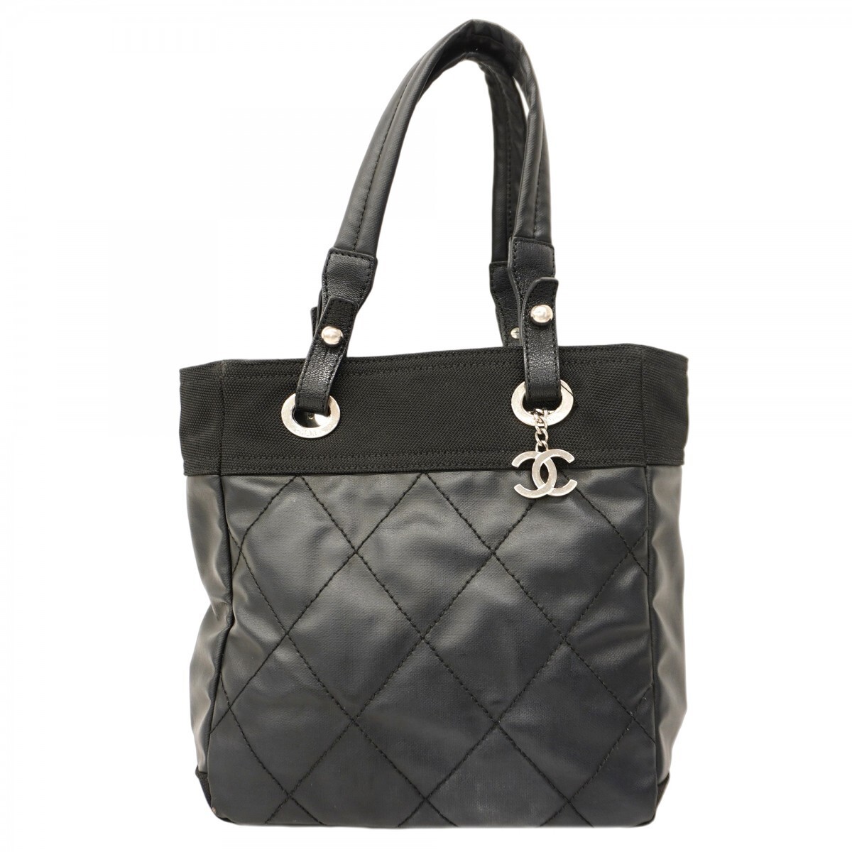 CHANEL Paris Biarritz Black Canvas Tote Bag with Silver Hardware Pre-Owned for Women