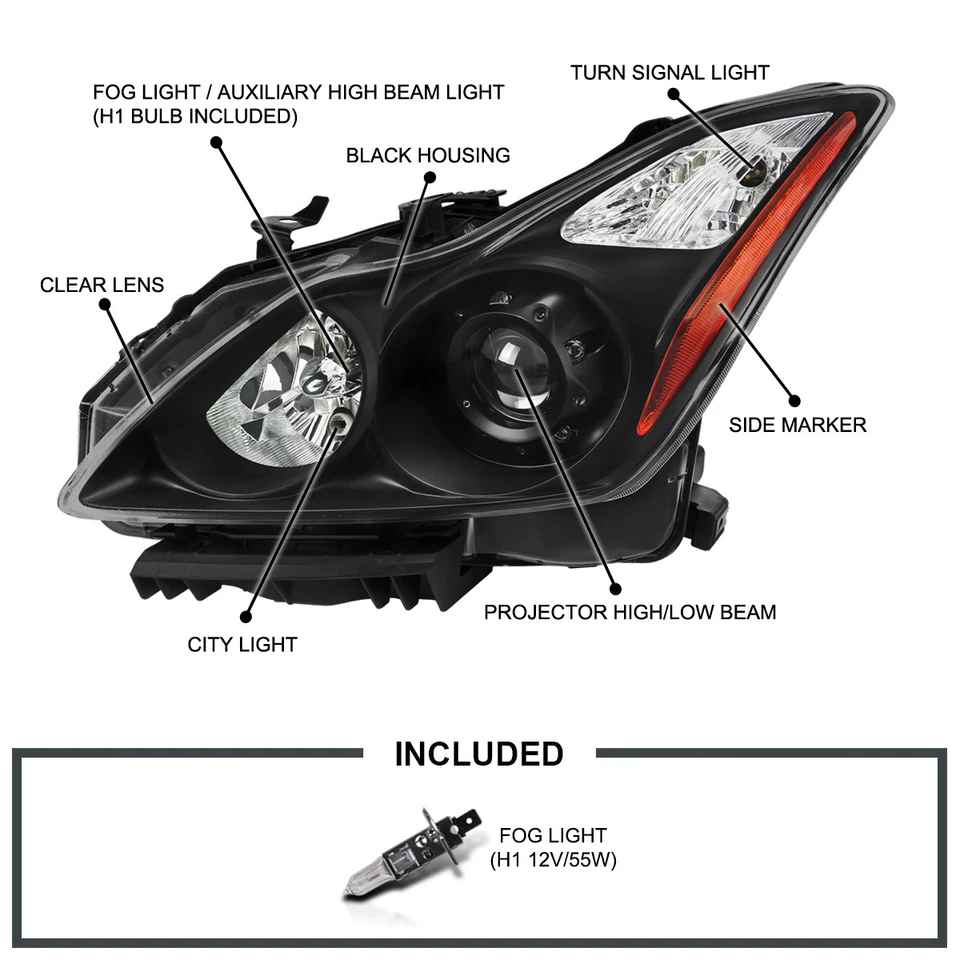 Fits Black 2008-2015 Infiniti G37 Q60 Coupe Factory Style Projector Headlights - Image 3 of 4
