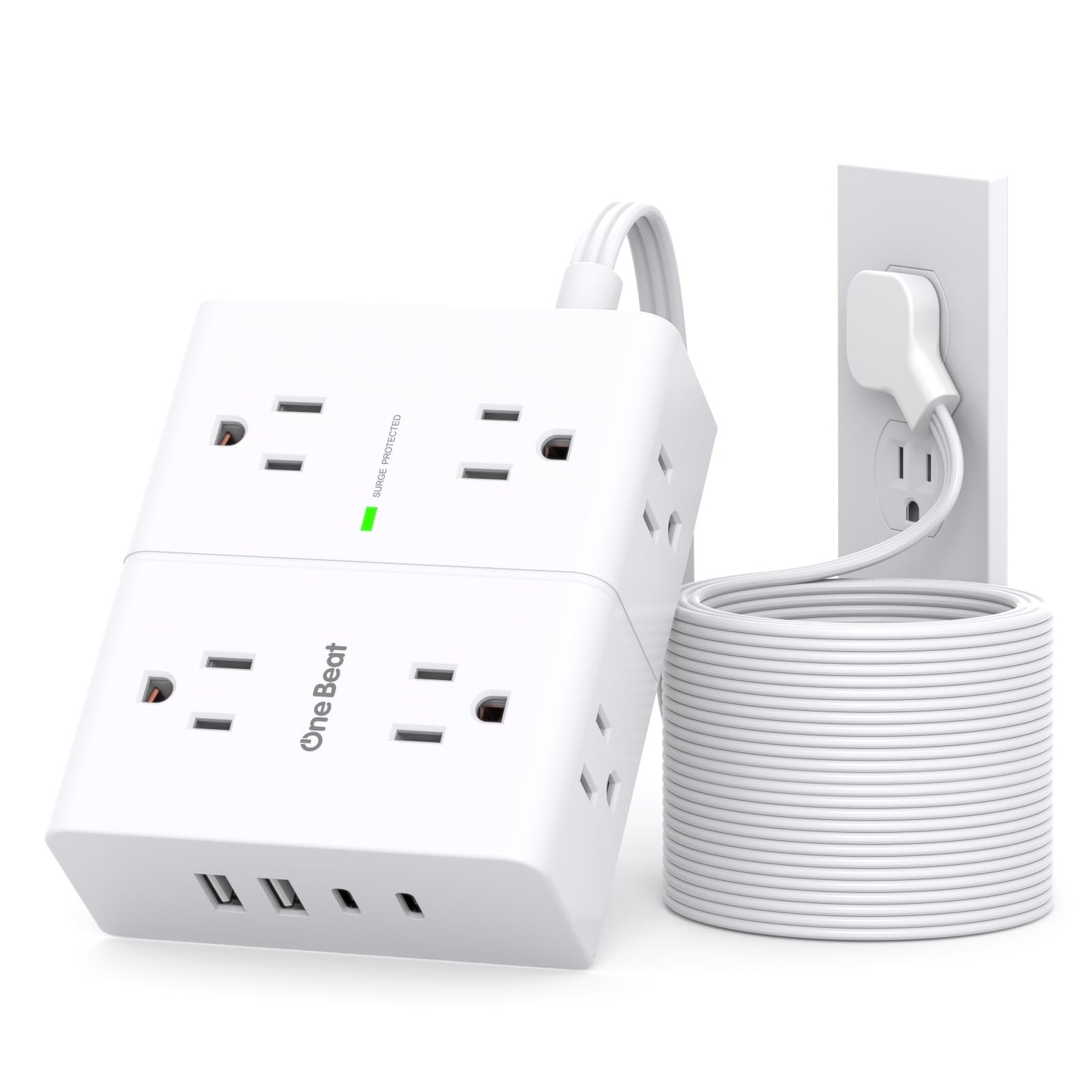 Surge Protector Power Strip 20 ft Cord, Flat Plug Extension Cord 20 Ft, White