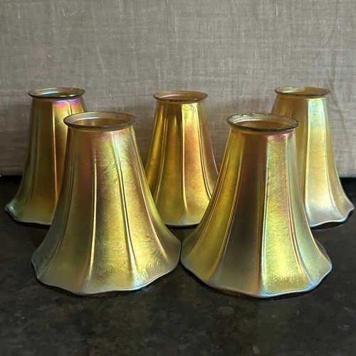 Set Of 5 Steuben Gold Aurene Trumpet Art Glass Lamp Shades Chips On Fitting Rims