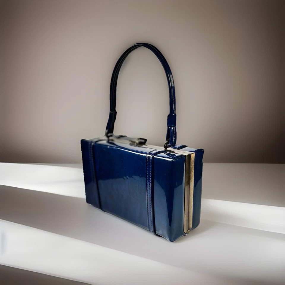 Bolso de mano vintage de charol pequeño retro azul real años 50 60 Foto 3 de 4