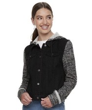 MUDD Hooded Denim Jean Jacket Juniors Women Sz L Knit Sleeves Grunge Y2K