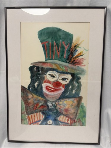 VINTAGE Signed Painting Clown "Tiny” Water Color Scary Clown Painting