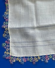Vintage Floral Handkerchief from the 1960's with Tatted Edging and Pulled Thread
