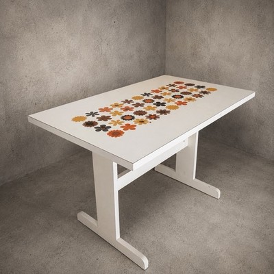 Mid Century Space Age Floral Formica Esstisch - Retro Weiß Küchentisch