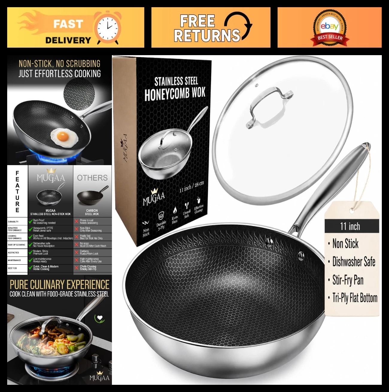 Nonstick 11" Stainless Steel Wok Pan with Lid | Tri-Ply Honeycomb Stir-Fry | Ind