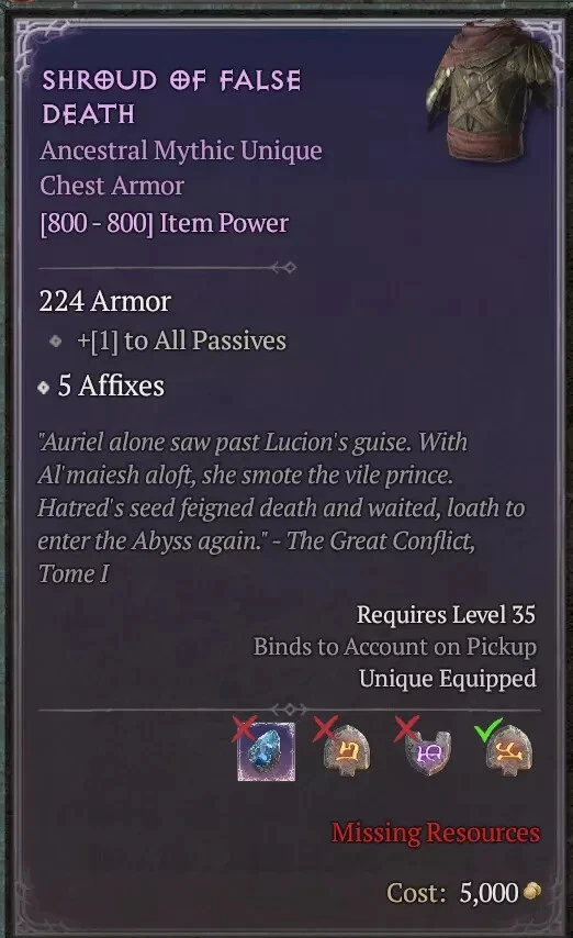 Diablo 4 D4 Season 11 Shroud of False Death MYTHIC UNIQUE RUNEPACK 6/6/6 S10