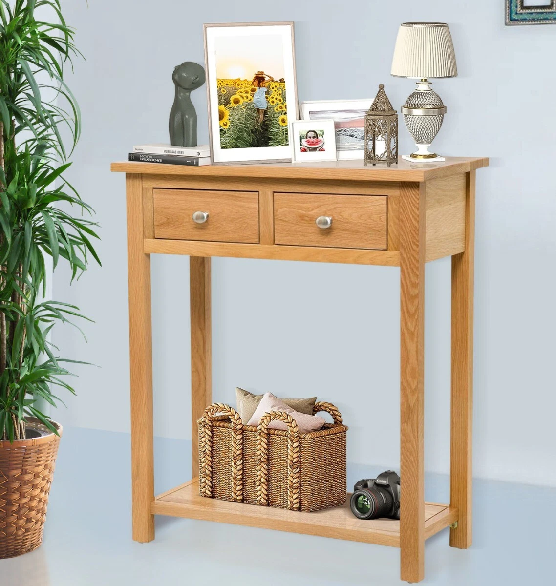 Large Oak Console Table Solid Wood Hall Side End Telephone Table with 2 Drawer