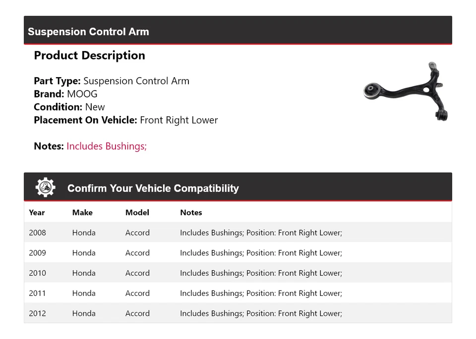 Brazo de control de suspensión delantero derecho inferior MOOG 2008-2012 para Honda Accord Foto 2 de 4