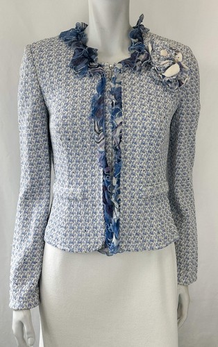 Chaqueta de Tweed de Noche ST. JOHN 2 Azul Blanco Volantes Lentejuelas Extraíbles Flores - Imagen 5 de 14