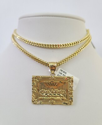 10K Franco Chain Last Supper Pendant Charm Necklace 20''-26'' 3mm Yellow Gold SET